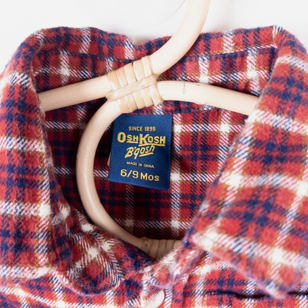 OshKosh B'gosh Flannel Shirt Baby 6-9M Red Navy Blue Plaid Button Front